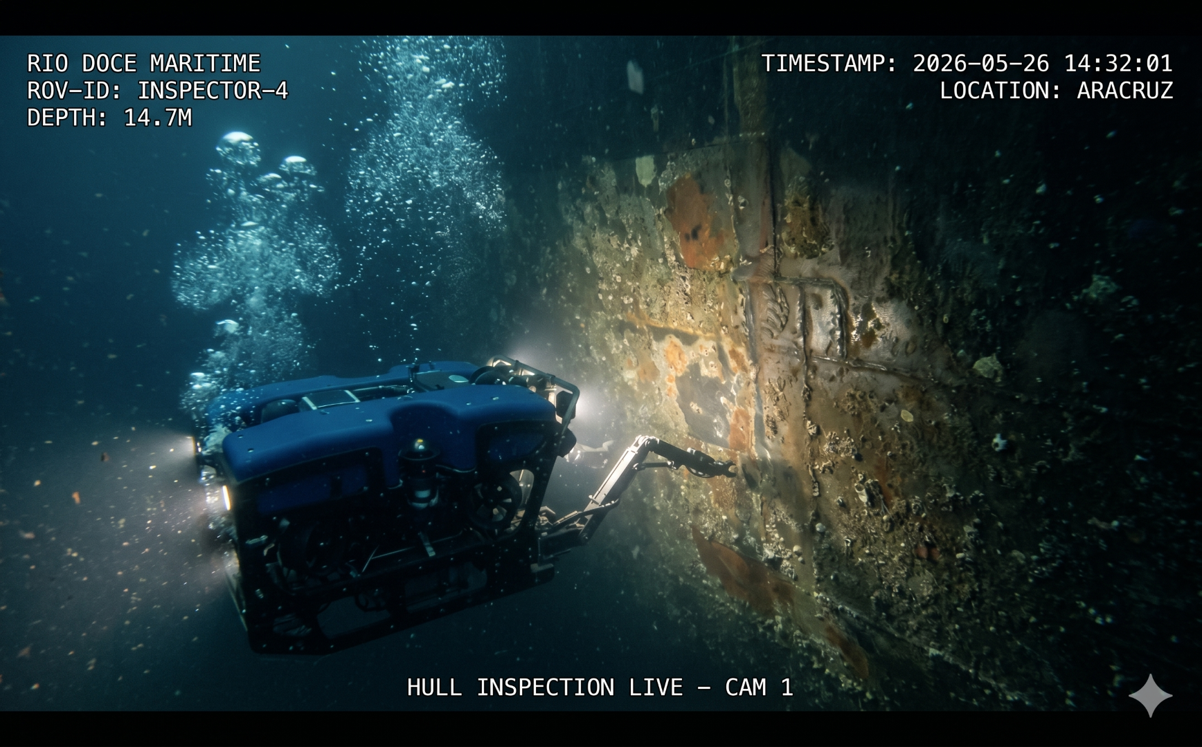 ROV submarino inspecionando casco de navio a 6 metros de profundidade